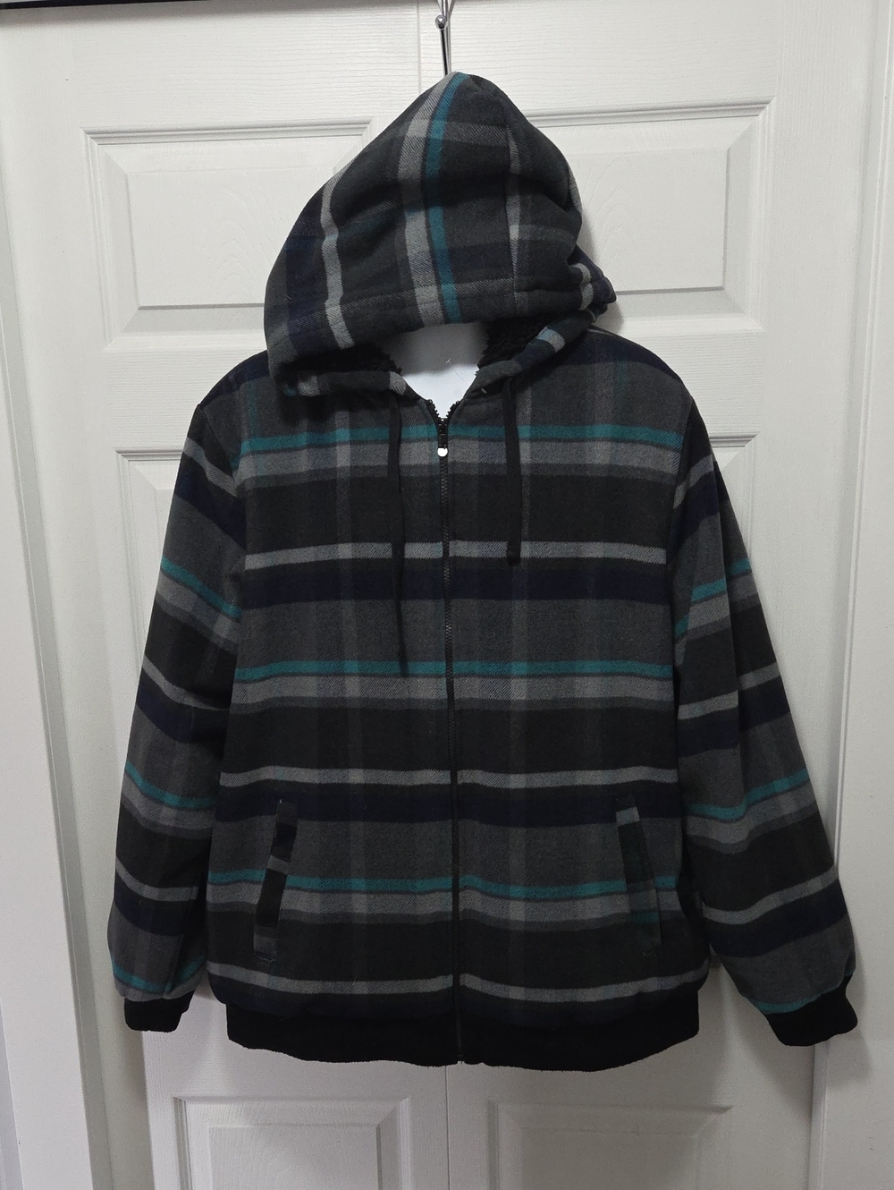 XXL Plaid Hooded Zip Up Jacket in Black Gray Teal